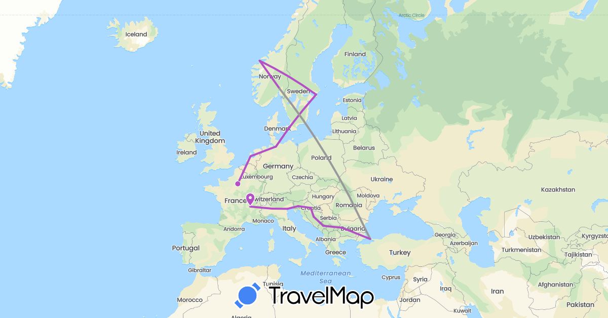 TravelMap itinerary: driving, plane, train in Bosnia and Herzegovina, Bulgaria, Germany, Denmark, France, Croatia, Italy, Montenegro, Netherlands, Norway, Sweden, Slovenia, Turkey (Asia, Europe)