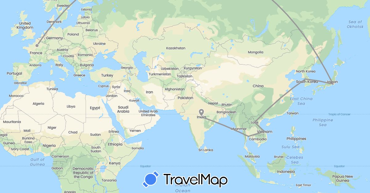 TravelMap itinerary: plane in France, India, Japan, South Korea, Laos, Thailand (Asia, Europe)
